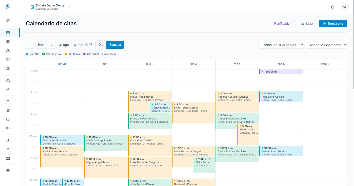 Calendario semanal de citas de SONATA con cada cita por doctor y tipo, en colores